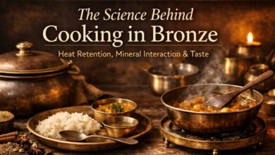 Cooking in bronze cookware showing even heat retention, traditional bronze utensils, and enhanced food taste in an Indian kitchen